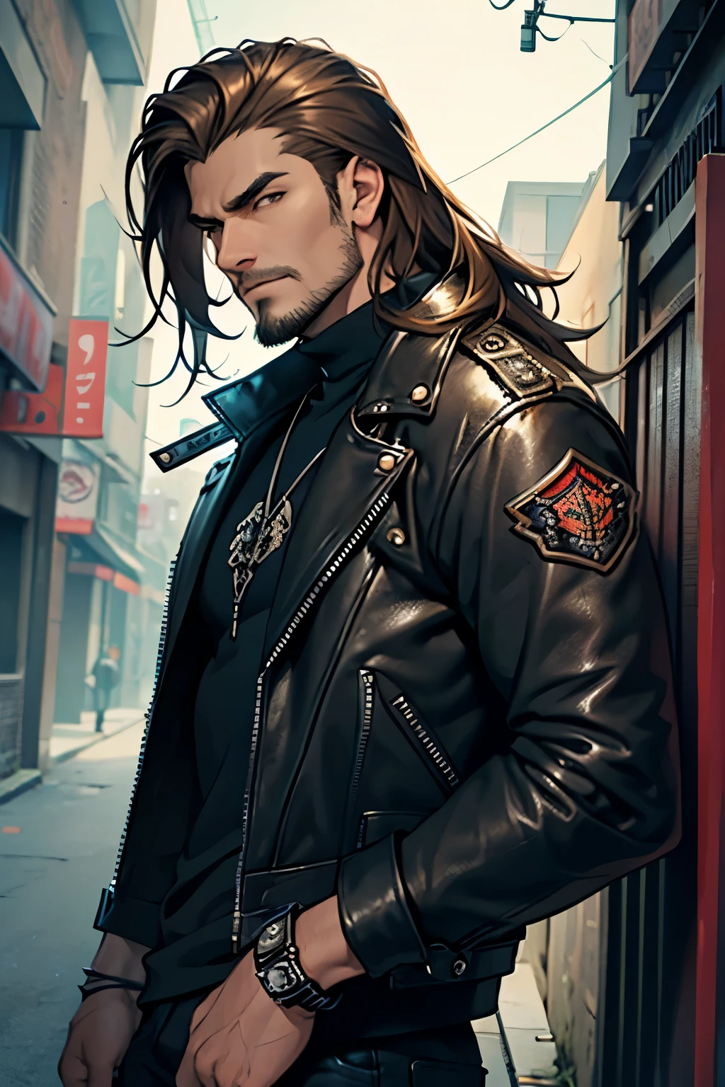{high quality}, {detailed}, metalhead guy, long sliky brown hair, leather jacket with the several metal-band patch on it, band tee, dark spikes bracelet, handsome face, slight stubble on chin.