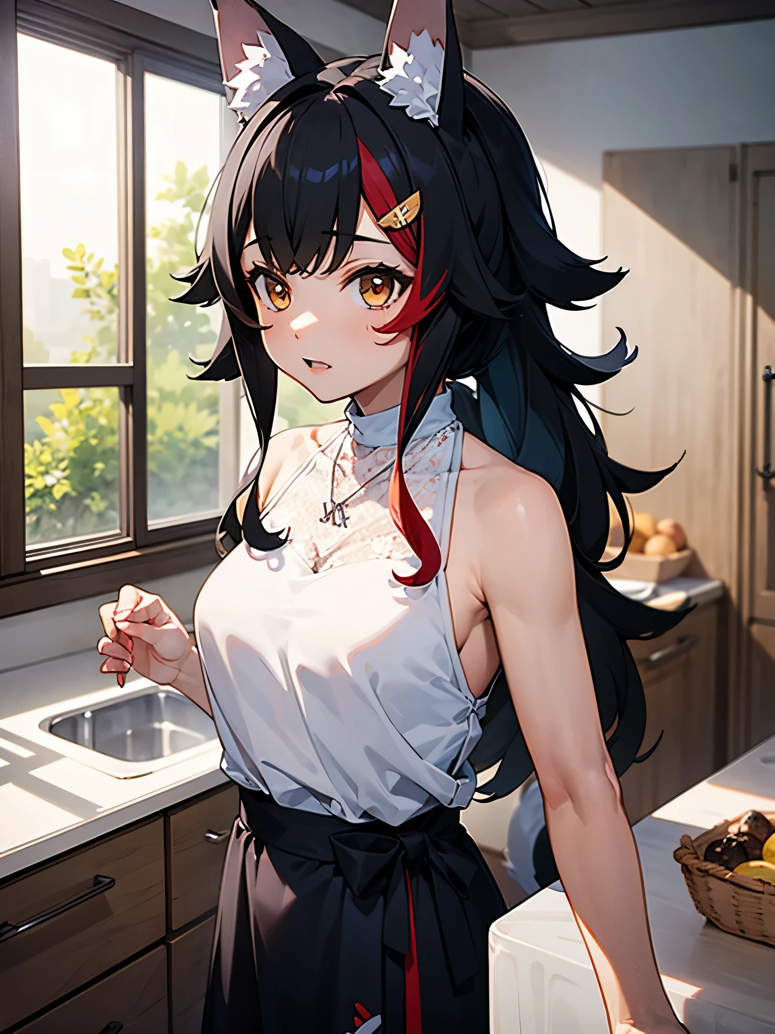 NSFW,miosha1、Barrette、Side Blade、ponytail、Wolf Tail、Black Skirt、White Shirt、necklace、Sleeveless shirt,kitchen,(Perfect hands),(Perfect Anatomy),(masterpiece),(highest quality)