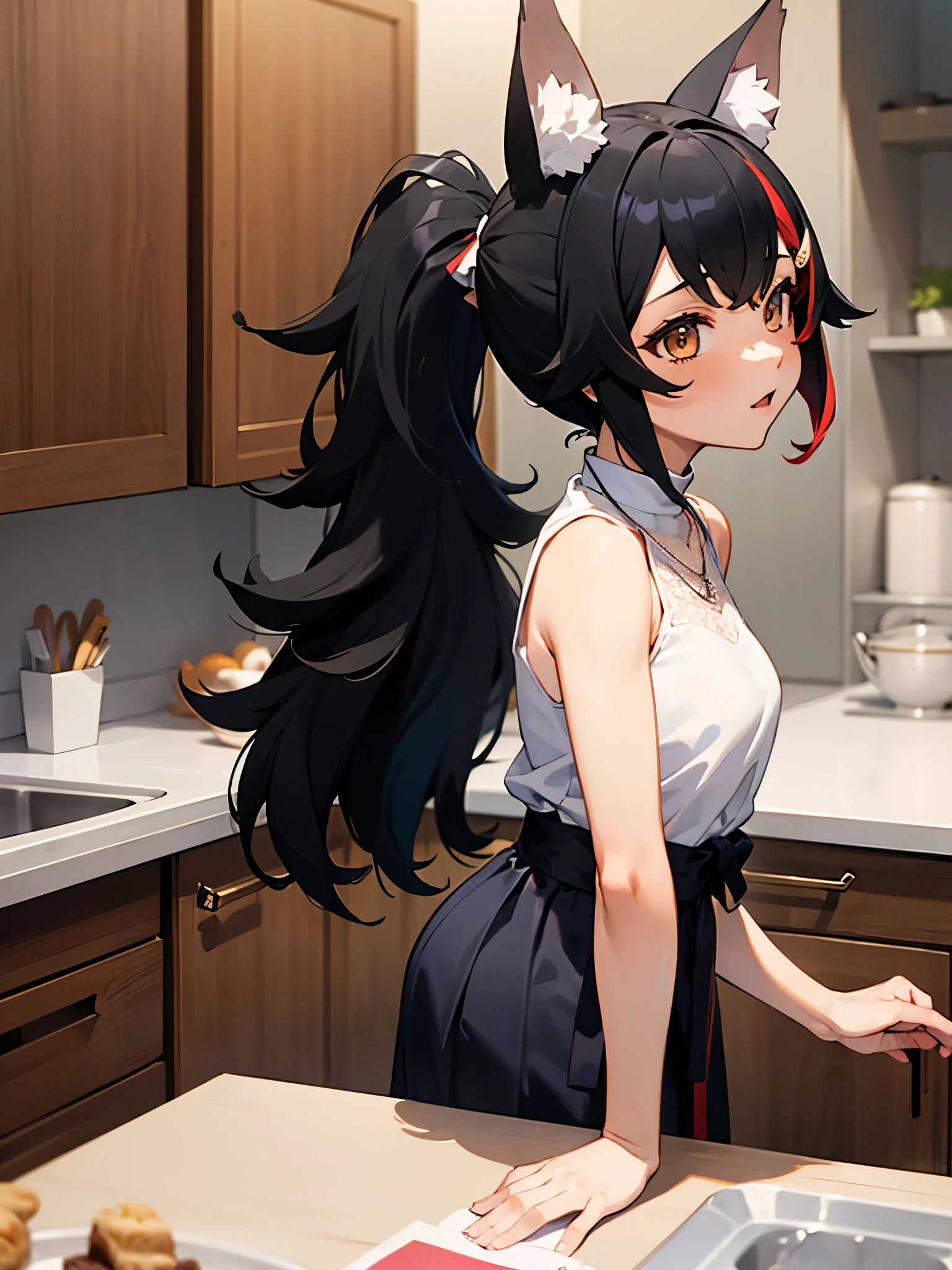 NSFW,miosha1、Barrette、Side Blade、ponytail、Wolf Tail、Black Skirt、White Shirt、necklace、Sleeveless shirt,kitchen,(Perfect hands),(Perfect Anatomy),(masterpiece),(highest quality)