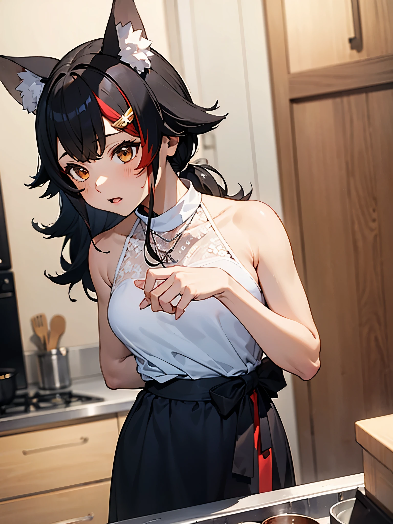 NSFW,miosha1、Barrette、Side Blade、ponytail、Wolf Tail、Black Skirt、White Shirt、necklace、Sleeveless shirt,kitchen,(Perfect hands),(Perfect Anatomy),(masterpiece),(highest quality)