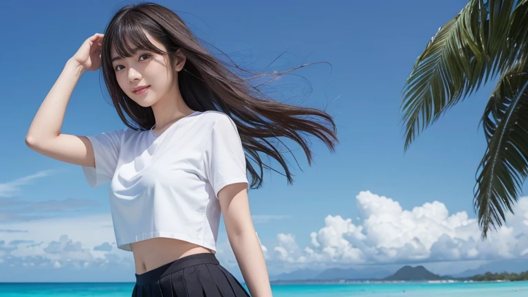 Stand to the right、8K、Detailed Description、Very high definition、Realistic、reality的、Real、live-action、reality、High resolution、Nogizaka46、japanese idol,beautiful girl、21 years old、Dark brown eyes、sunny、summer、blue sky、Beautiful tropical beach view、Back view、look back、smile,closed mouth,cropped shirt,pleated skirt,forehead,silky hair,Straight Hair、light smile,closed mouth,arm behind back,Knee-up-top angle of view、Very black hair、pretty girl、Beauty、Glowing Skin、Glowing Skin、Shiny Hair、Hair blowing in the wind、Very white skin、Heavy makeup、Large Breasts、Slit eyes、Big Eyes、Dark brown eyes、Double eyelids、Don&#39;t show your teeth、Parting her bangs、Show your forehead、Put your hands behind your back