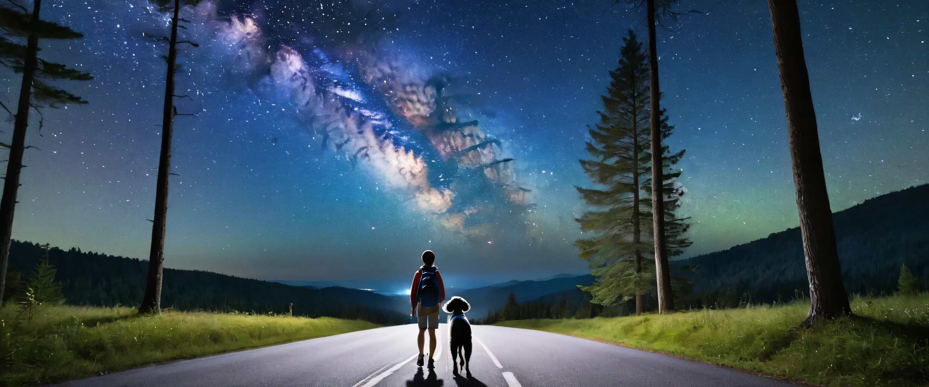 A young person with a backpack on their back stands in the middle of a tranquil road, flanked by tall trees that seem to touch the starry sky. By their side is their faithful four-legged friend, a young pet poodle who looks at them with curious eyes full of affection. The night sky is a masterpiece in itself, painted in deep shades of navy blue, with ling stars like scatt diamonds everywhere, as if guiding the way to the infinite universe. As the two of them pause to contemplate this majestic sight, what goes through their mind? What is the feeling that this special moment evokes in them and their loyal companion?