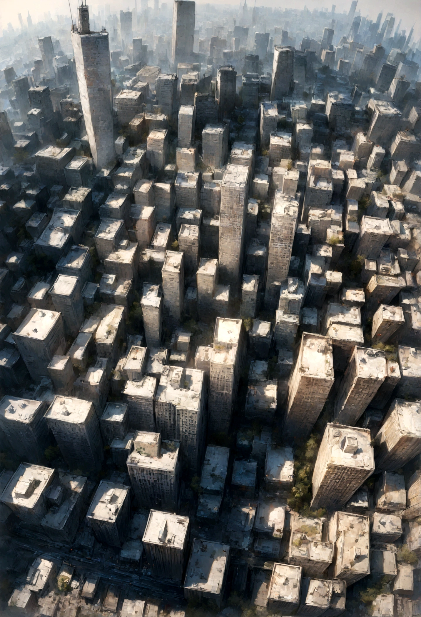 A destroyed city, On top, above, ((3 point perspective)), Full shot, (((masterpiece))), ((best quality)), ((wallpaper, Ultra detailed realistic)), ((New York city))