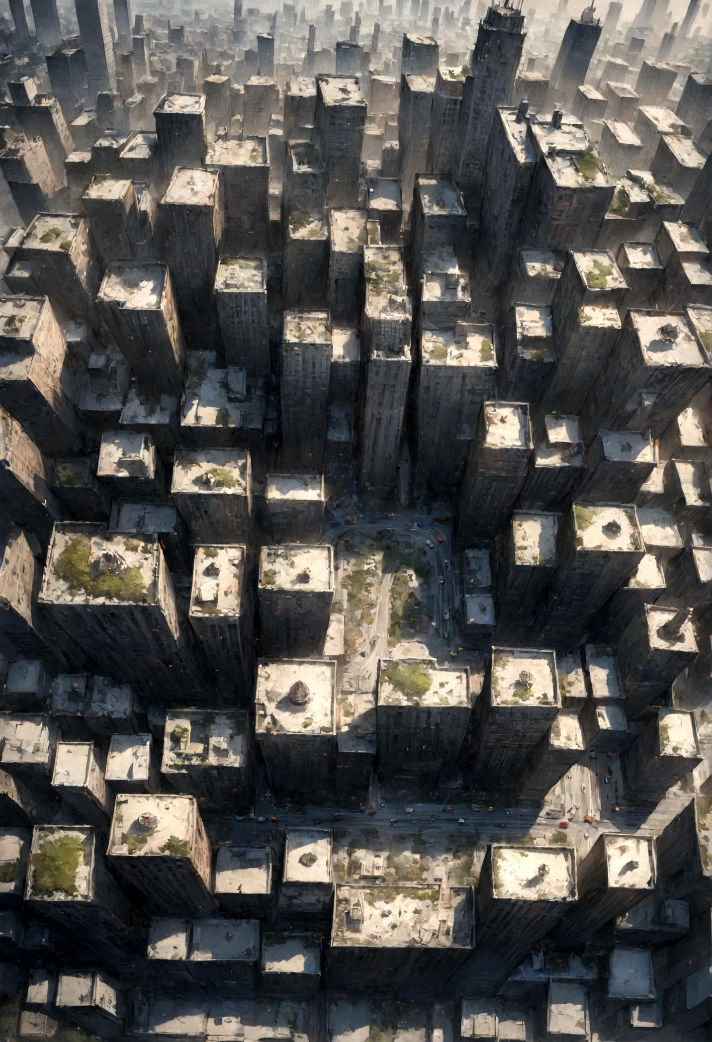 A destroyed city, On top, above, ((3 point perspective)), Full shot, (((masterpiece))), ((best quality)), ((wallpaper, Ultra detailed realistic)), ((New York city))