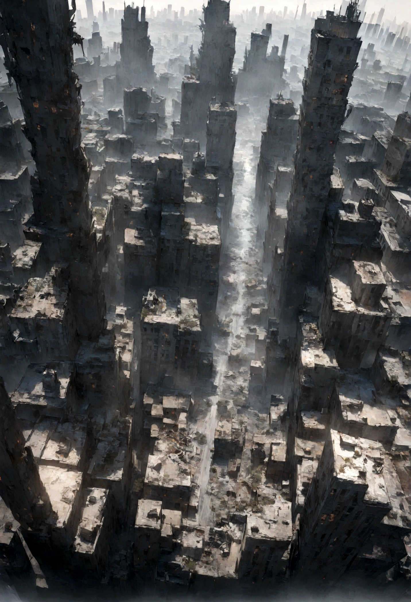 A destroyed city, On top, above, ((3 point perspective)), Full shot, (((masterpiece))), ((best quality)), ((wallpaper, Ultra detailed realistic)), ((New York city))