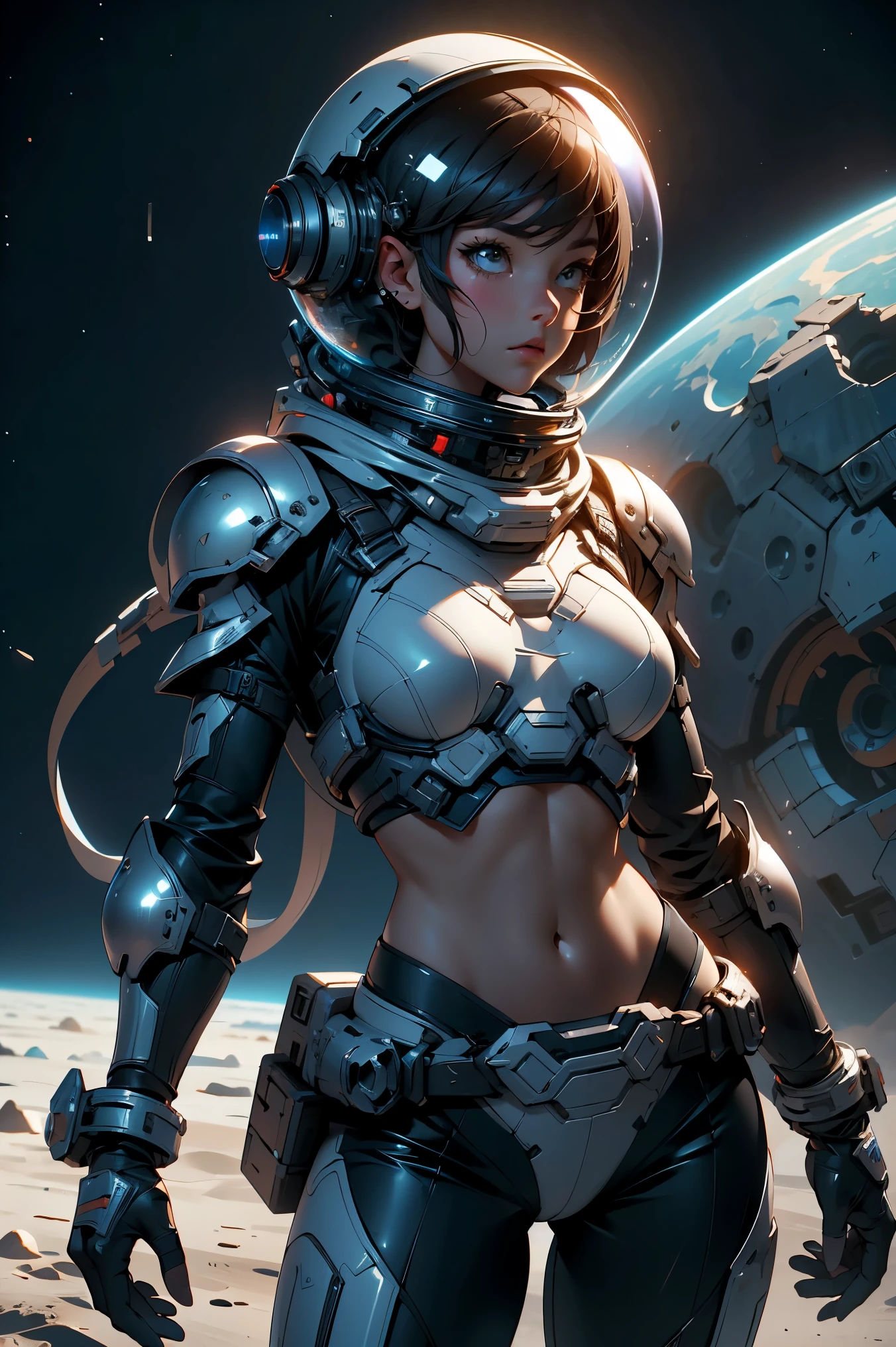 a girl in spacesuit, fully exposed midriff, bare waist,cowboy-shot, in outer space, desolate alien cold planet,transparen space-helmet,Transparent full-face helmet ,((bikini top)),((metal Bikini armor)), sexy exposed midriff, full metallic armor, bare midriff and waist, open abdomen, fully exposed abdomen, cowboy-shot, realistic, photorealistic, high quality, 8k, extremely detailed, masterpiece, dynamic pose, dramatic lighting, cinematic, sci-fi, futuristic, vibrant colors