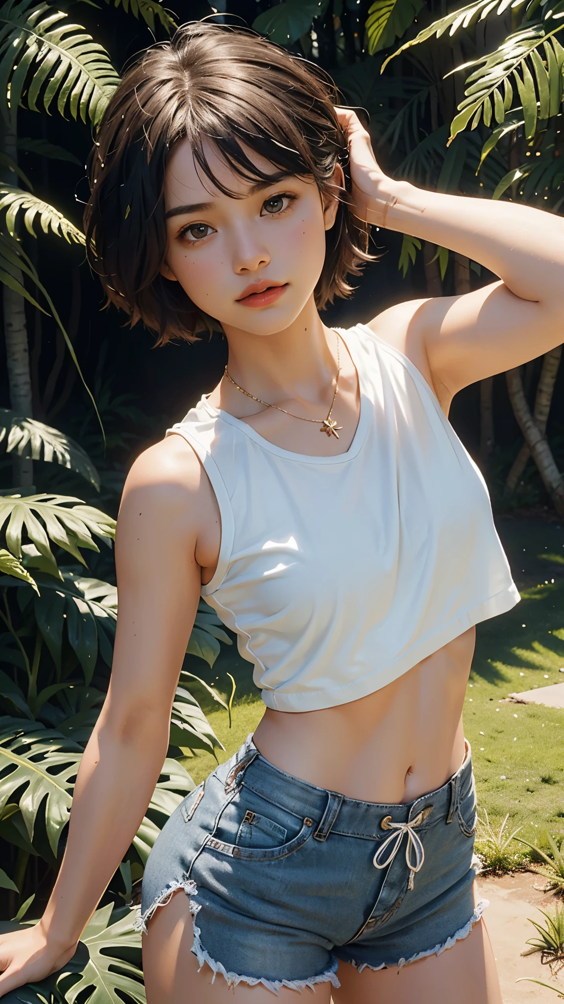 photorealistic portrait, high-res, Soft light, 1 girl, bara, Hip up, look at viewer, (The young heroine confronts the fern leaf with details.......), Short Hair Hair, jewelry, sport shorts, white tank tops, In the middle of a football field.