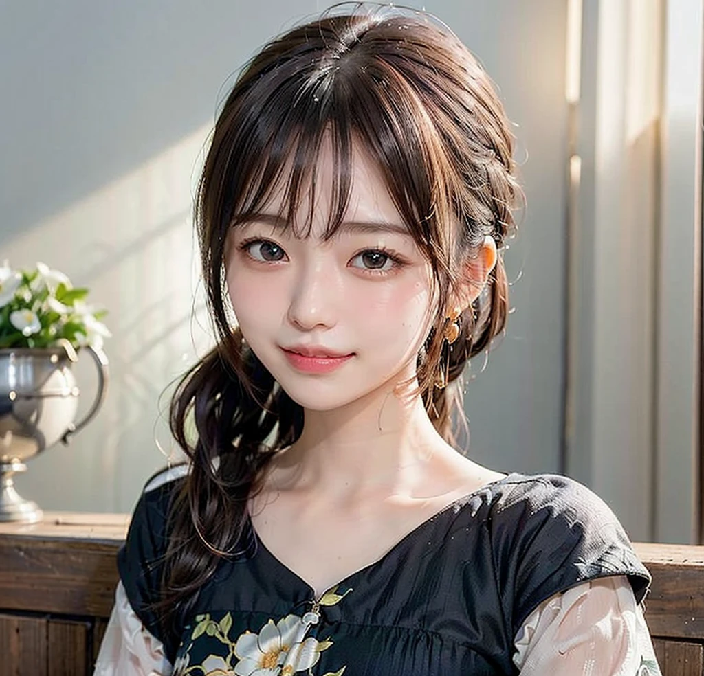 (((eyeをそらす,ponytail、The mouth teaches))),(((((Black Chinese Dress))))),(、Tabletop, One Girl, highest quality, Super detailed, (Shiny), (small)、(((with blush cheeks,))),Ray Tracing,Perfect lighting, (Milky skin:1.2), yellow_eye, The cutest 28-year-old girl in Japan、small ribbons in the hair、Background is China、smile、Selfie