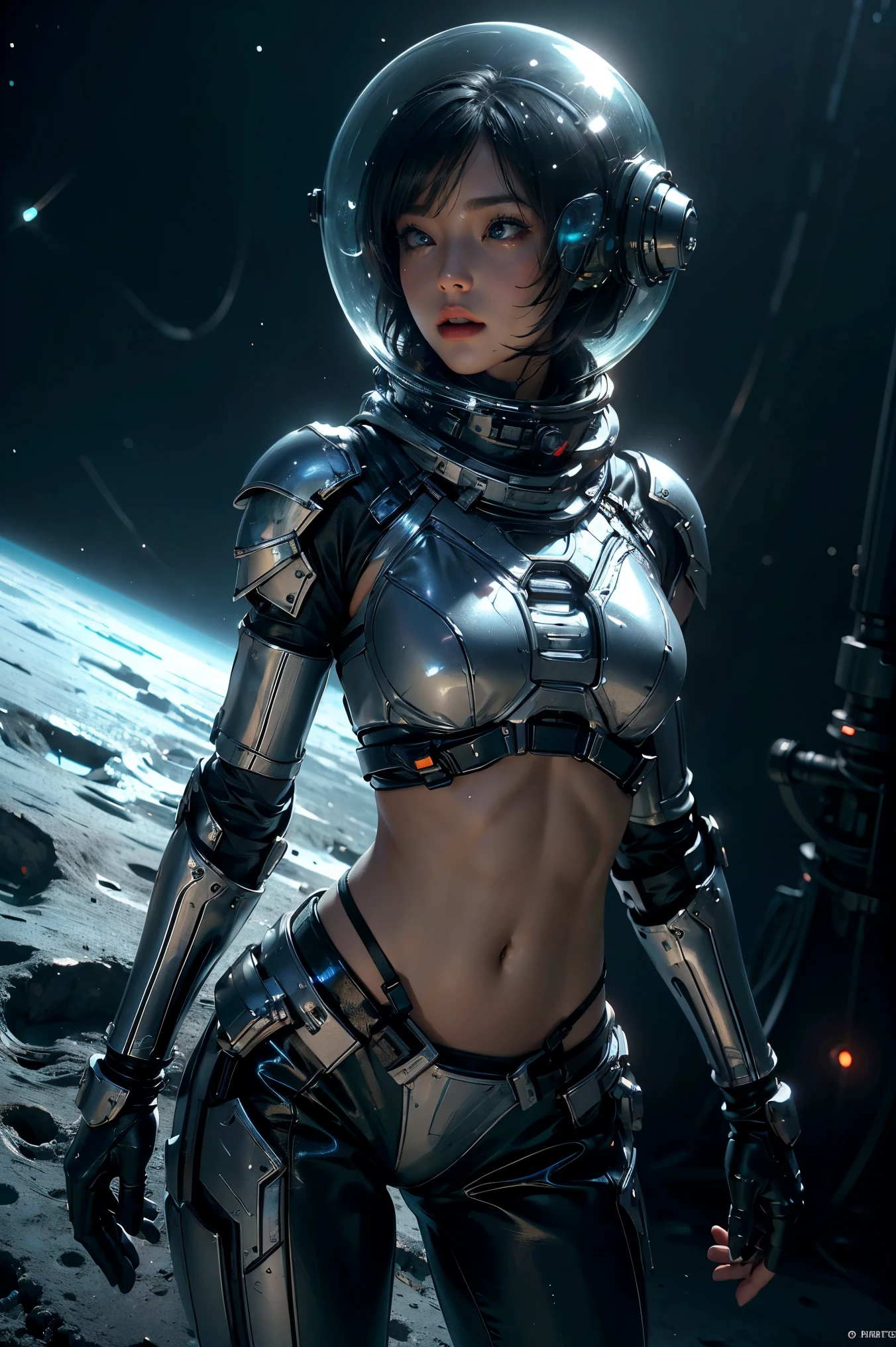 a girl in spacesuit, fully exposed midriff, bare waist,cowboy-shot, in outer space, desolate alien cold planet,transparen space-helmet,Transparent full-face helmet ,((bikini top)),((metal Bikini armor)), sexy exposed midriff, full metallic armor, bare midriff and waist, open abdomen, fully exposed abdomen, cowboy-shot, realistic, photorealistic, high quality, 8k, extremely detailed, masterpiece, dynamic pose, dramatic lighting, cinematic, sci-fi, futuristic, vibrant colors