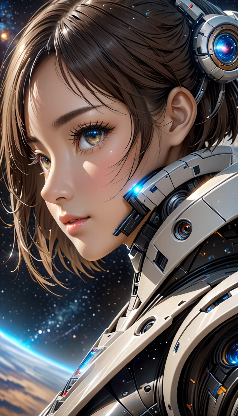 National Science Foundation,masterpiece,High resolution,8K,Art,digit,Three-dimensional,Realism,Futuristic,Facing the camera,universe,Milky Way,Planet,(1 female: 1.3),(alone: 1.4),Very futuristic,Wearing mechs,Long eyelashes,Long thin legs,Short Bob,Close-up of upper body,Close-up,close view,Starry Sky,Starry Sky般深邃的眼睛