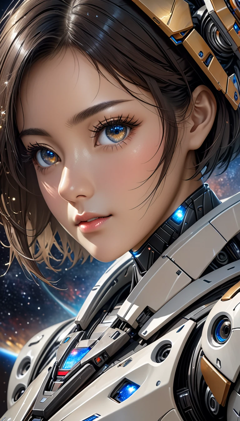 National Science Foundation,masterpiece,High resolution,8K,Art,digit,Three-dimensional,Realism,Futuristic,Facing the camera,universe,Milky Way,Planet,(1 female: 1.3),(alone: 1.4),Very futuristic,Wearing mechs,Long eyelashes,Long thin legs,Short Bob,Close-up of upper body,Close-up,close view,Starry Sky,Starry Sky般深邃的眼睛