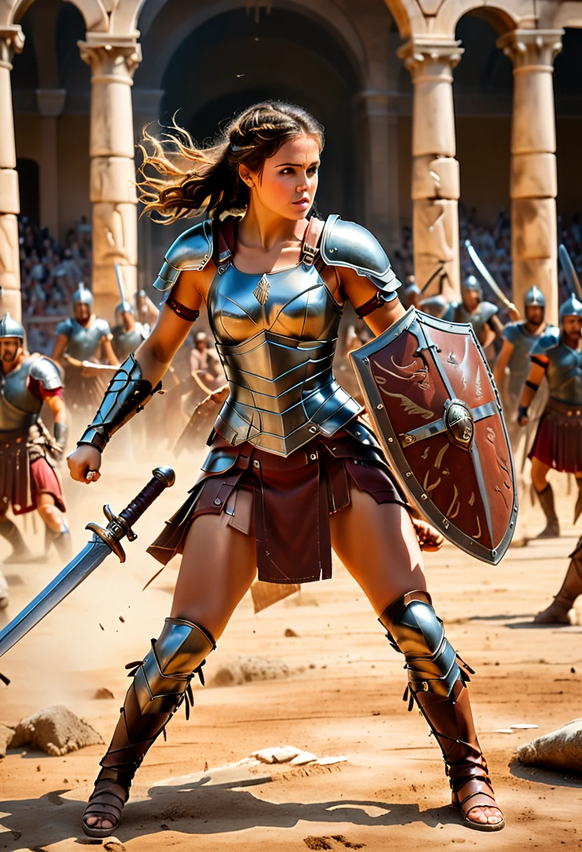 In the Roman arena, a female warrior wearing a leather battle suit, holding a shield and a short sword, is engaged in a fierce battle with her opponent. Her every swing of the sword was precise and powerful, showcasing the glory and courage of a gladiator, (masterpiece, best quality, Professional, perfect composition, very aesthetic, absurdres, ultra-detailed, intricate details:1.3)