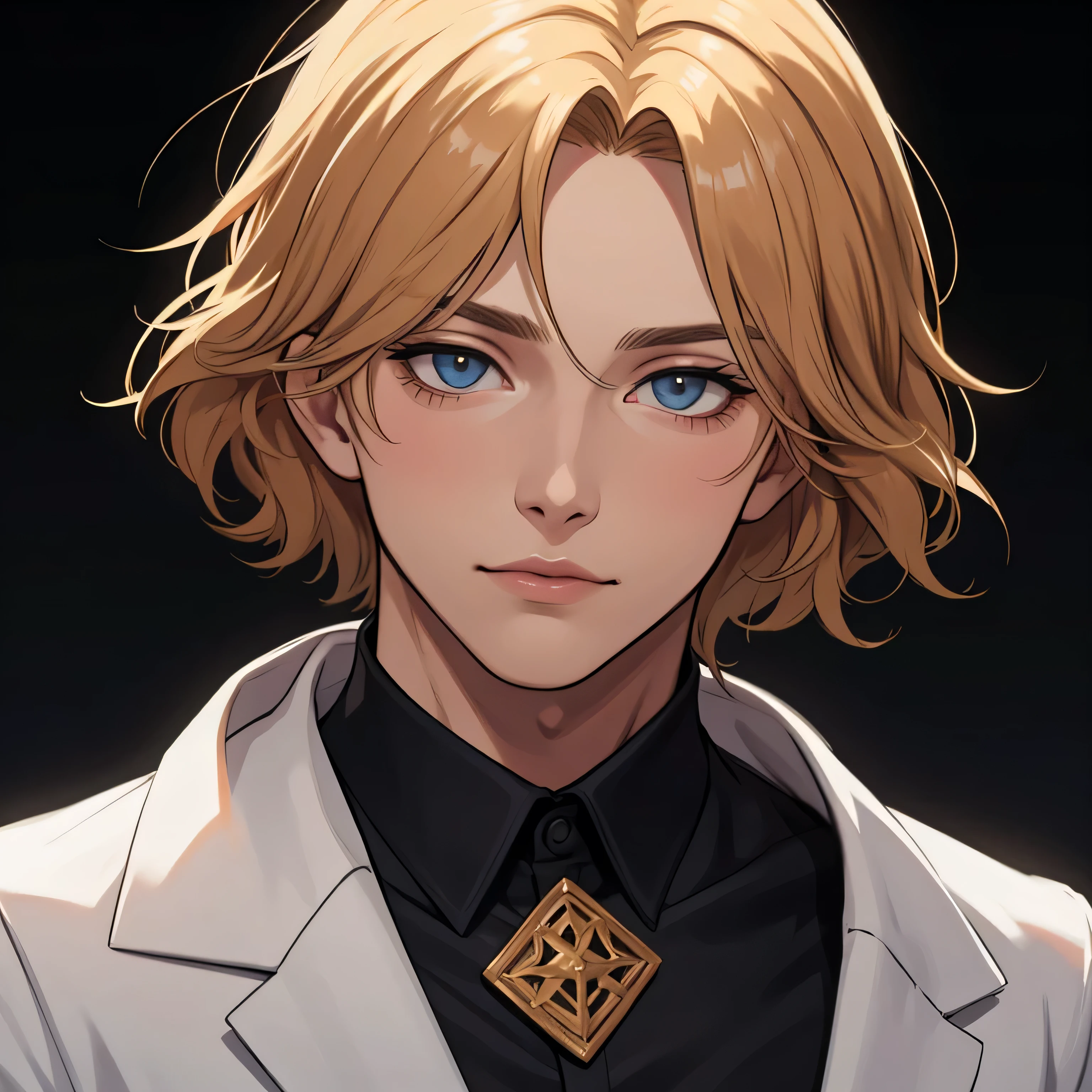 A man cosplaying Johan liebert outfit,he eye fokus to camera,black background