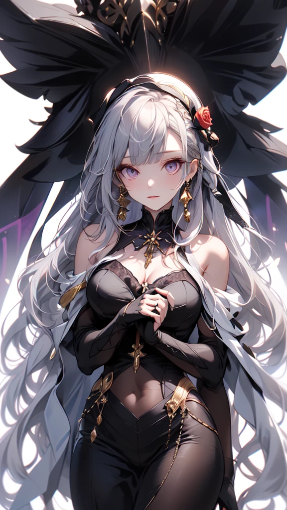 (masterpiece:1.2), highest quality, 1 female, alone, long long gray hair,   very long hair, bangs, (white  background:1.4), dark purple eyes, white bonnet with dark red rose decoration, white victorian dress with gold trim
