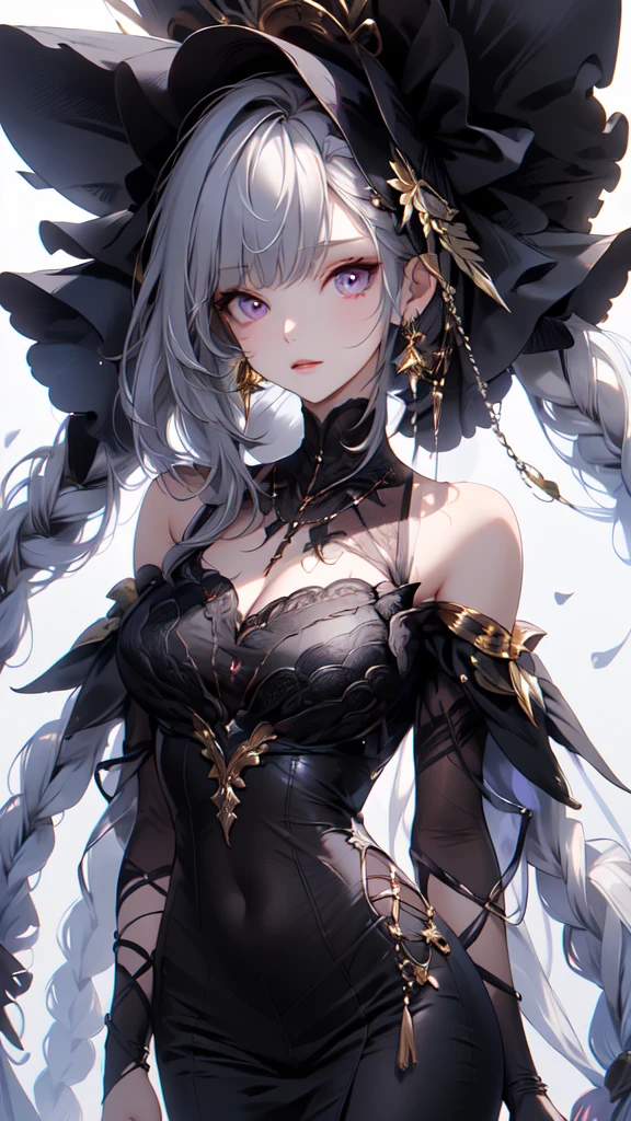 (masterpiece:1.2), highest quality, 1 female, alone, long long gray hair, very long hair, bangs, (white background:1.4), dark purple eyes, white bonnet with dark red rose decoration, white victorian dress with gold trim