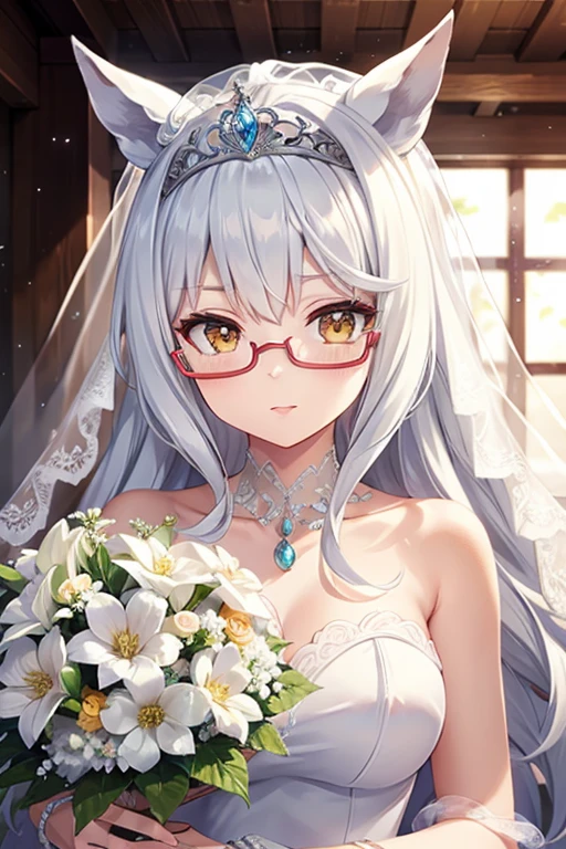 biwa hayahide \(umamusume\) wearing a white wedding dress, under rim glasses, tiara, wedding veil in front of face, wedding bouquet