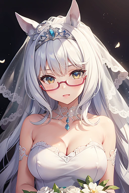 biwa hayahide \(umamusume\) wearing a white wedding dress, under rim glasses, tiara, wedding veil in front of face, wedding bouquet