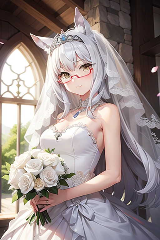 biwa hayahide \(umamusume\) wearing a white wedding dress, under rim glasses, tiara, wedding veil in front of face, wedding bouquet