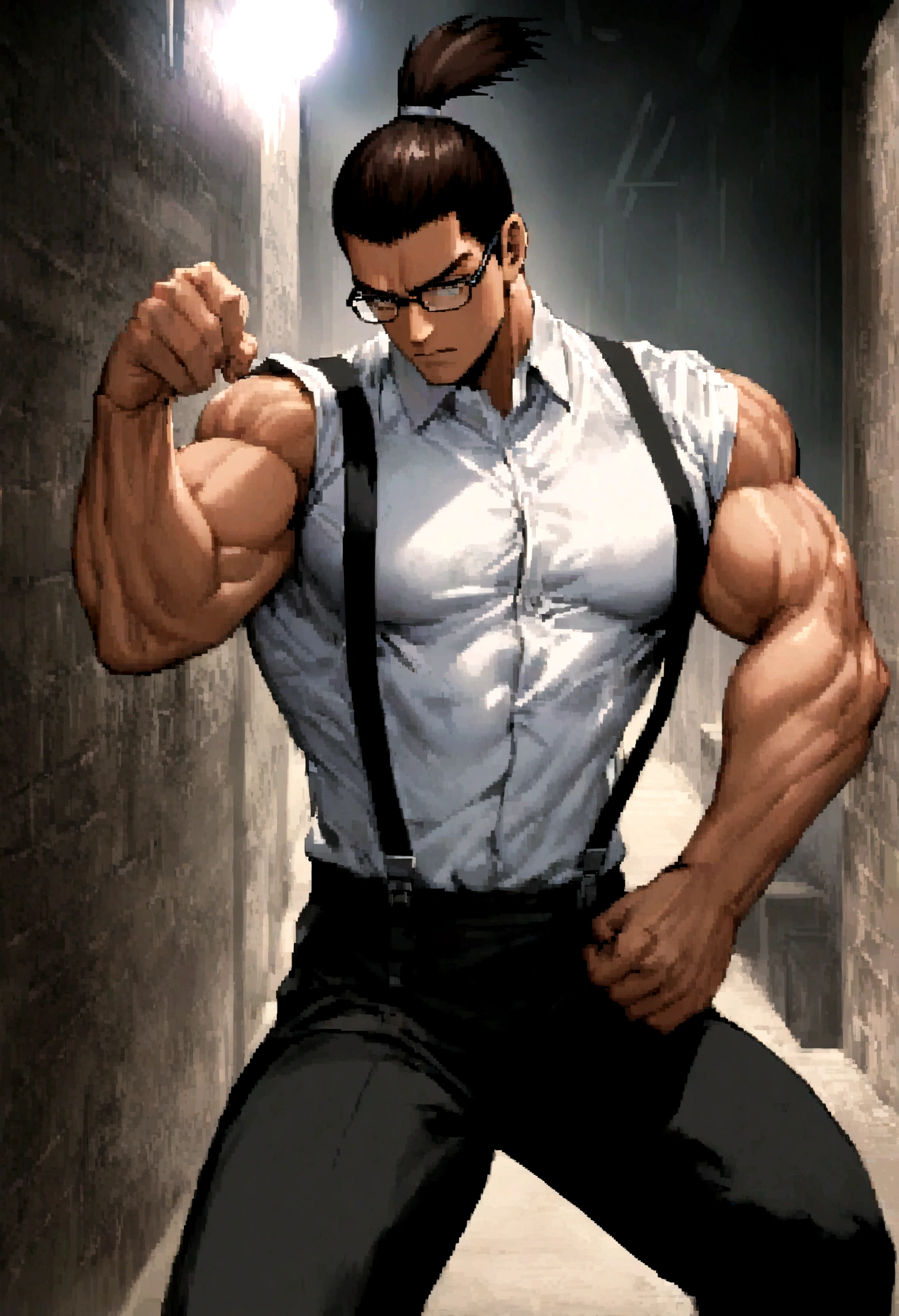  a man wearing black business pants, a white dress shirt and black suspenders, has a very dark brown topknot, muscular, in a dark alley, wearing glasses, solo, alone, in fighting pose, has super strength, using glowing electrical powers