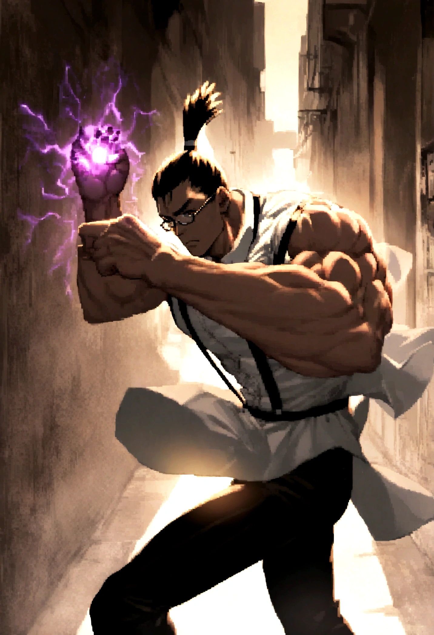  a man wearing black business pants, a white dress shirt and black suspenders, has a very dark brown topknot, muscular, in a dark alley, wearing glasses, solo, alone, in fighting pose, has super strength, using glowing electrical powers