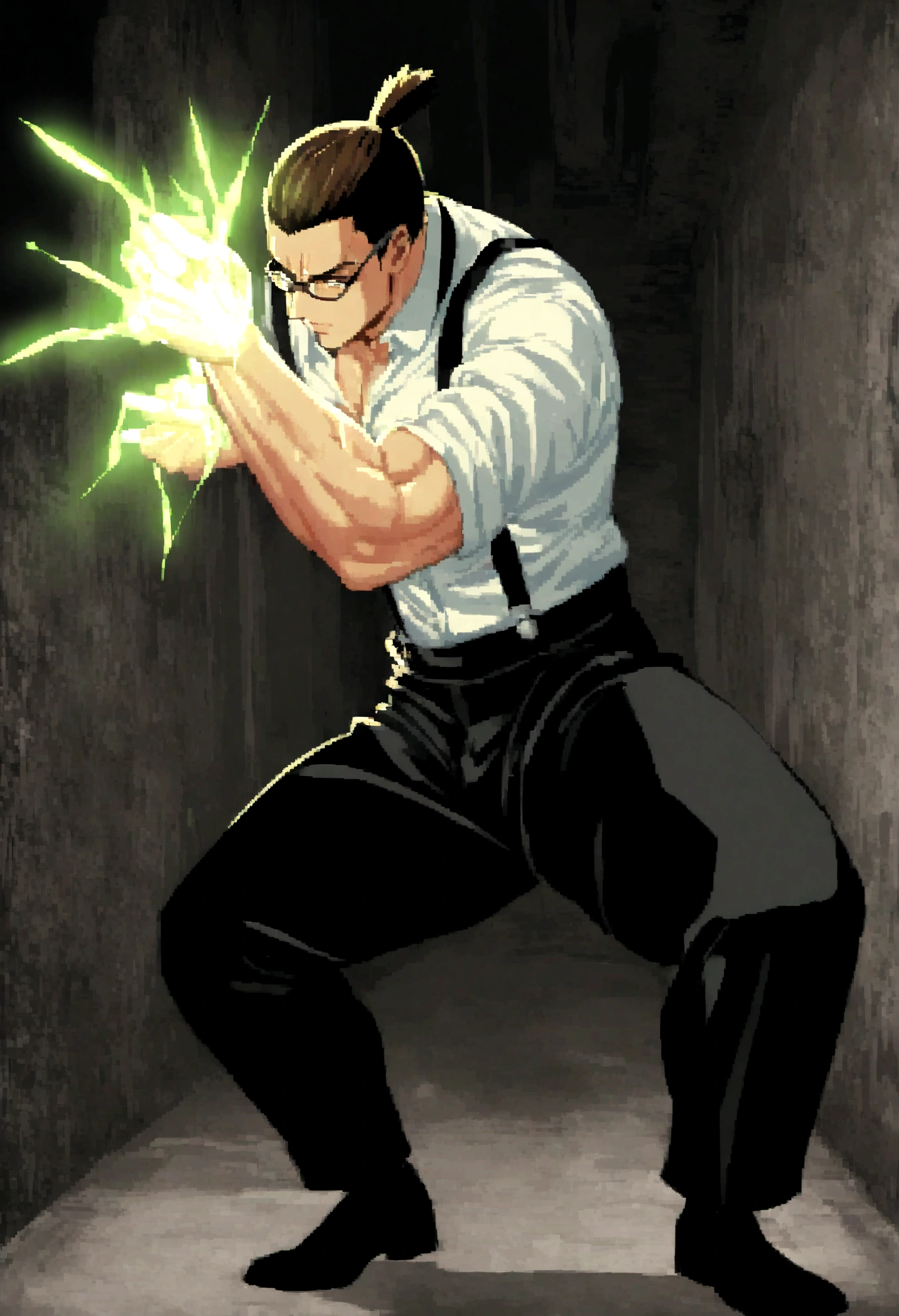  a man wearing black business pants, a white dress shirt and black suspenders, has a very dark brown topknot, muscular, in a dark alley, wearing glasses, solo, alone, in fighting pose, has super strength, using glowing electrical powers