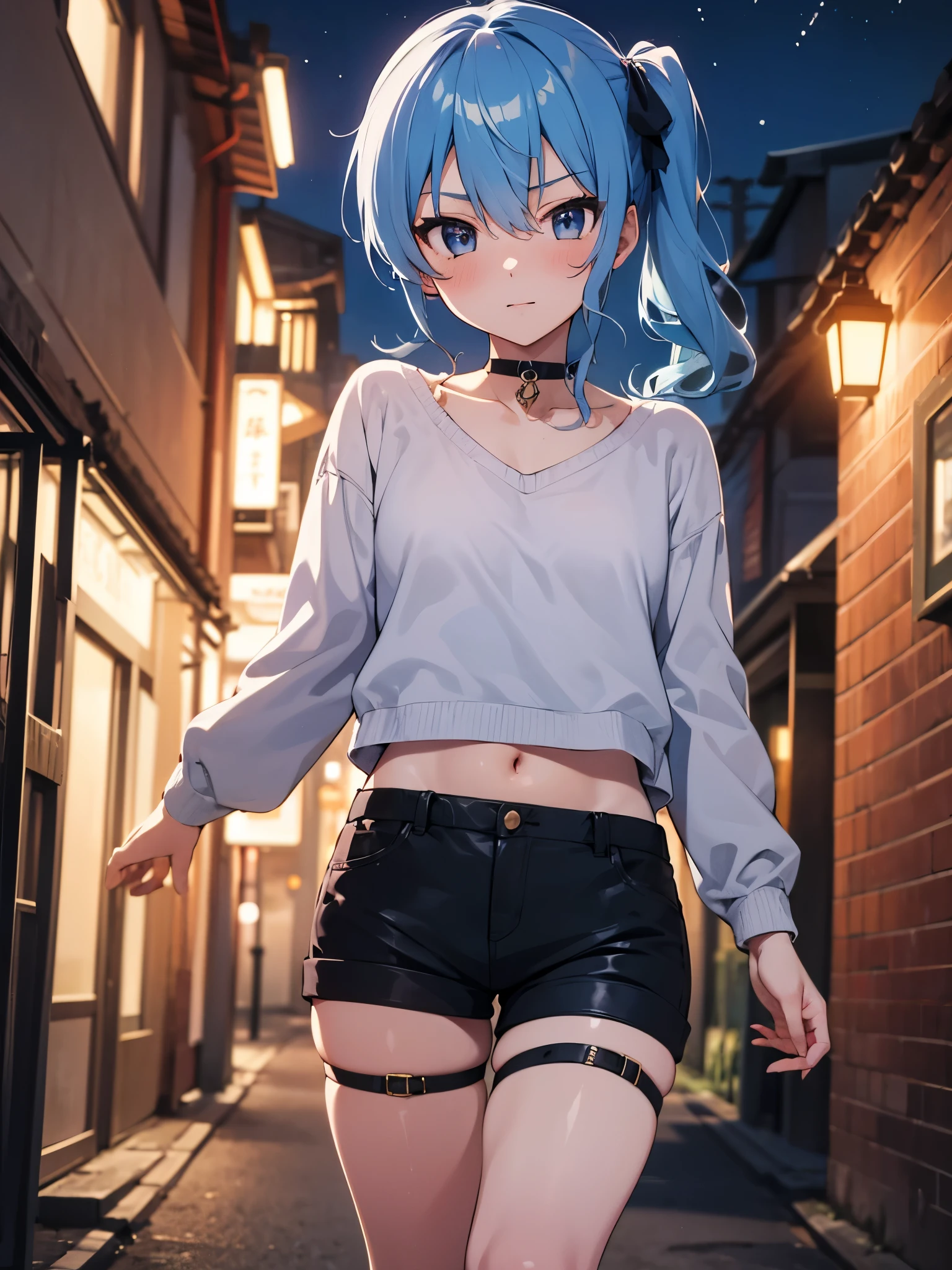 One girl,hoshimachi suisei,blue eyes,Blue Hair,choker,Hair between the eyes,Medium Hair,Side Ponytail,スターchoker,Small breasts,Jacket,cropped,Shorts,Thigh straps,Downtown at night,Narrow Alley,(Perfect hands),(Perfect Anatomy),(masterpiece),(highest quality)