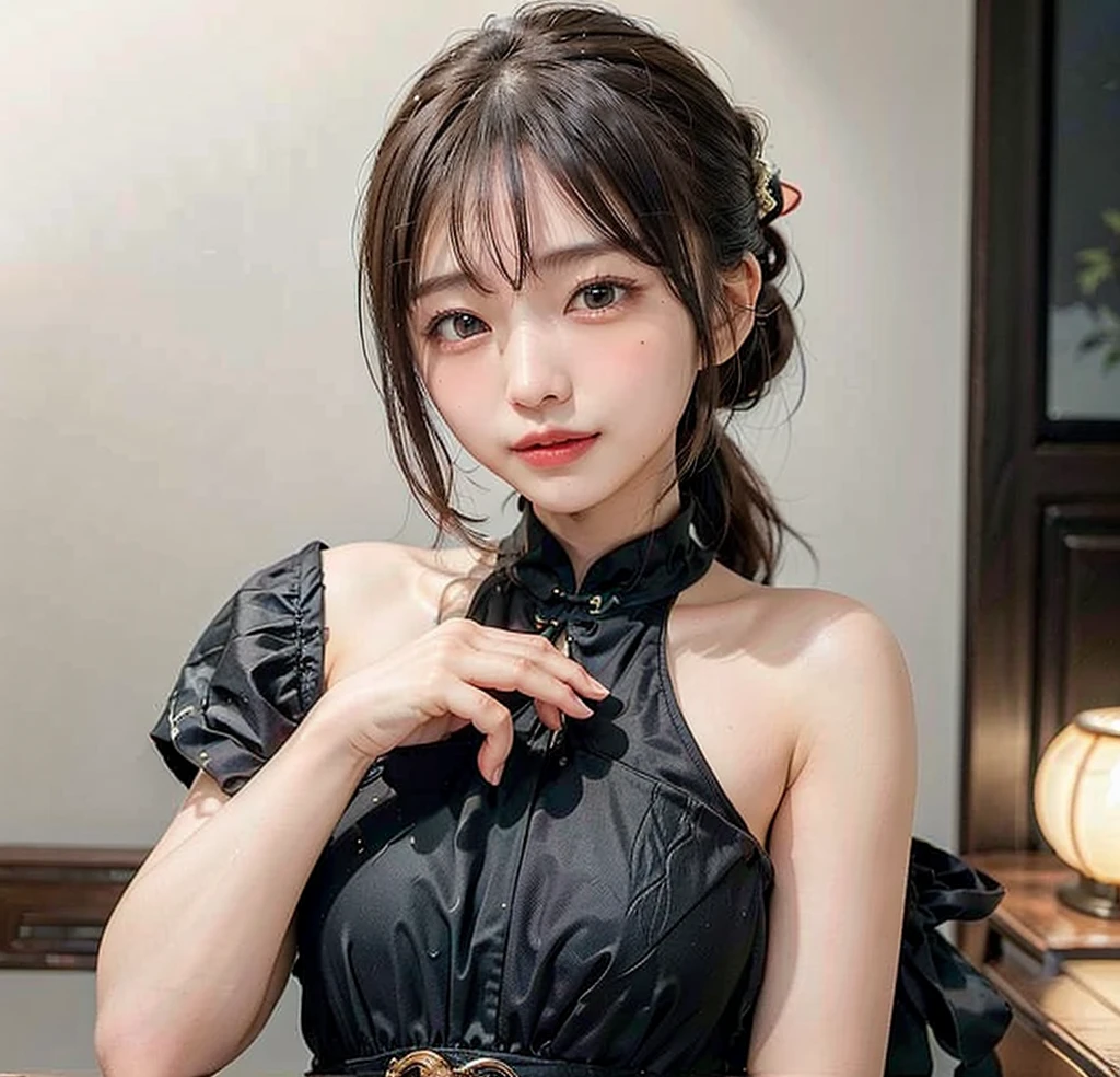 (((eyeをそらす,ponytail、The mouth teaches))),(((((Black Chinese Dress))))),(、Tabletop, One Girl, highest quality, Super detailed, (Shiny), (small)、(((with blush cheeks,))),Ray Tracing,Perfect lighting, (Milky skin:1.2), yellow_eye, The cutest 28-year-old girl in Japan、small ribbons in the hair、Fireworks at sunset