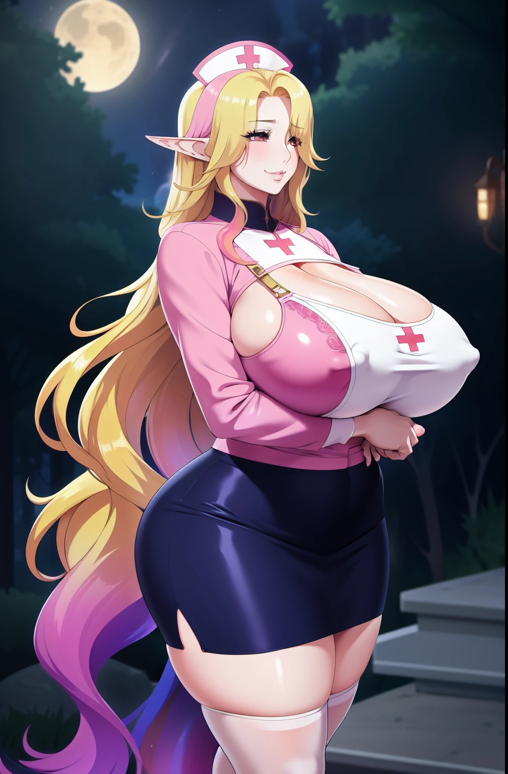  mature female, intricate details, fw.stentrem, very long hair, gradient hair, erotic facial expression, outdoors, in a nurse outfit , wearing a skirt, wearing a bra, night time, smug, chubby,  huge saggy natural breasts, thick thighs, standing, erect nipples, full body can be seen in the image