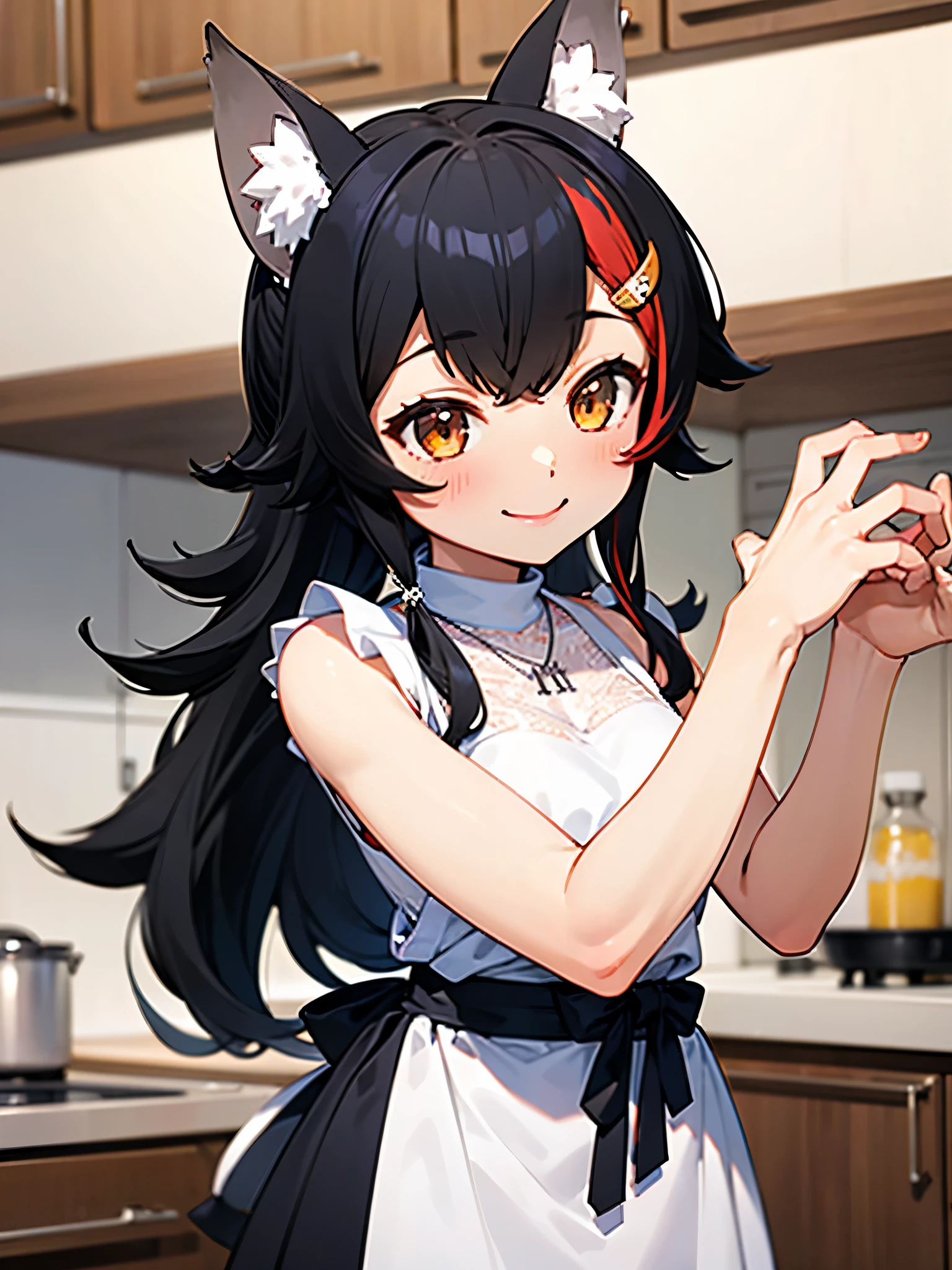 miosha1、Barrette、Side Blade、ponytail、Wolf Tail、Black Skirt、White Shirt、necklace、Sleeveless shirt,apron,kitchen,smile,blush,(Perfect hands),(Perfect Anatomy),(masterpiece),(highest quality)