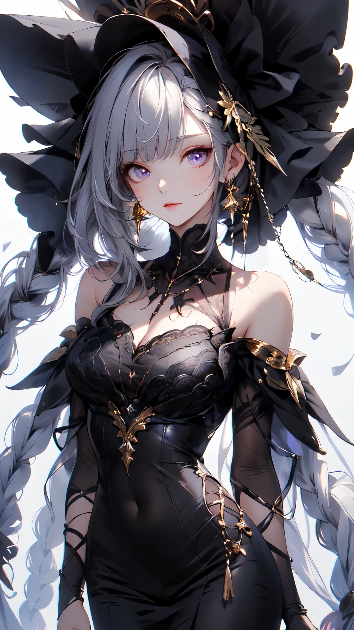 (masterpiece:1.2), highest quality, 1 female, alone, long long gray hair,   very long hair, bangs, (white  background:1.4), dark purple eyes, white bonnet with dark red rose decoration, white victorian dress with gold trim
