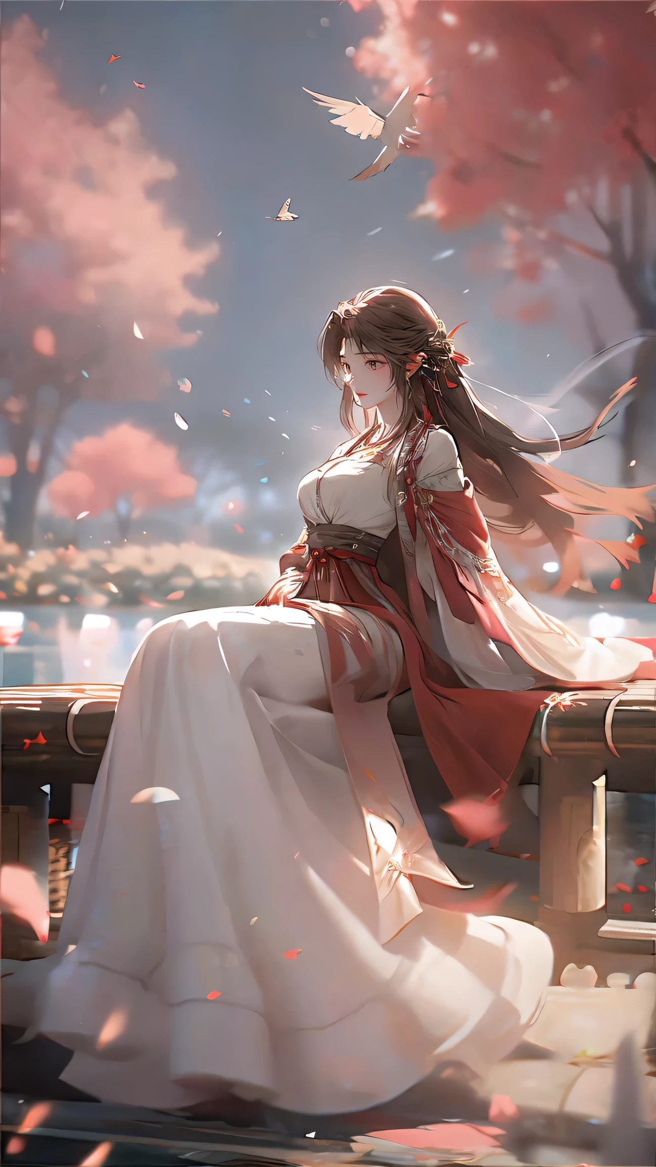 8K Ultra HD, Mastmis, A girl, Good face, Detailed, Eyes, Beautiful lips, Very red hair, dishiveredhair, Medium breasts, Wedding dress, White dress, In the park, Flying birds, blows wind, clear weather, Sitting, Full body capture,