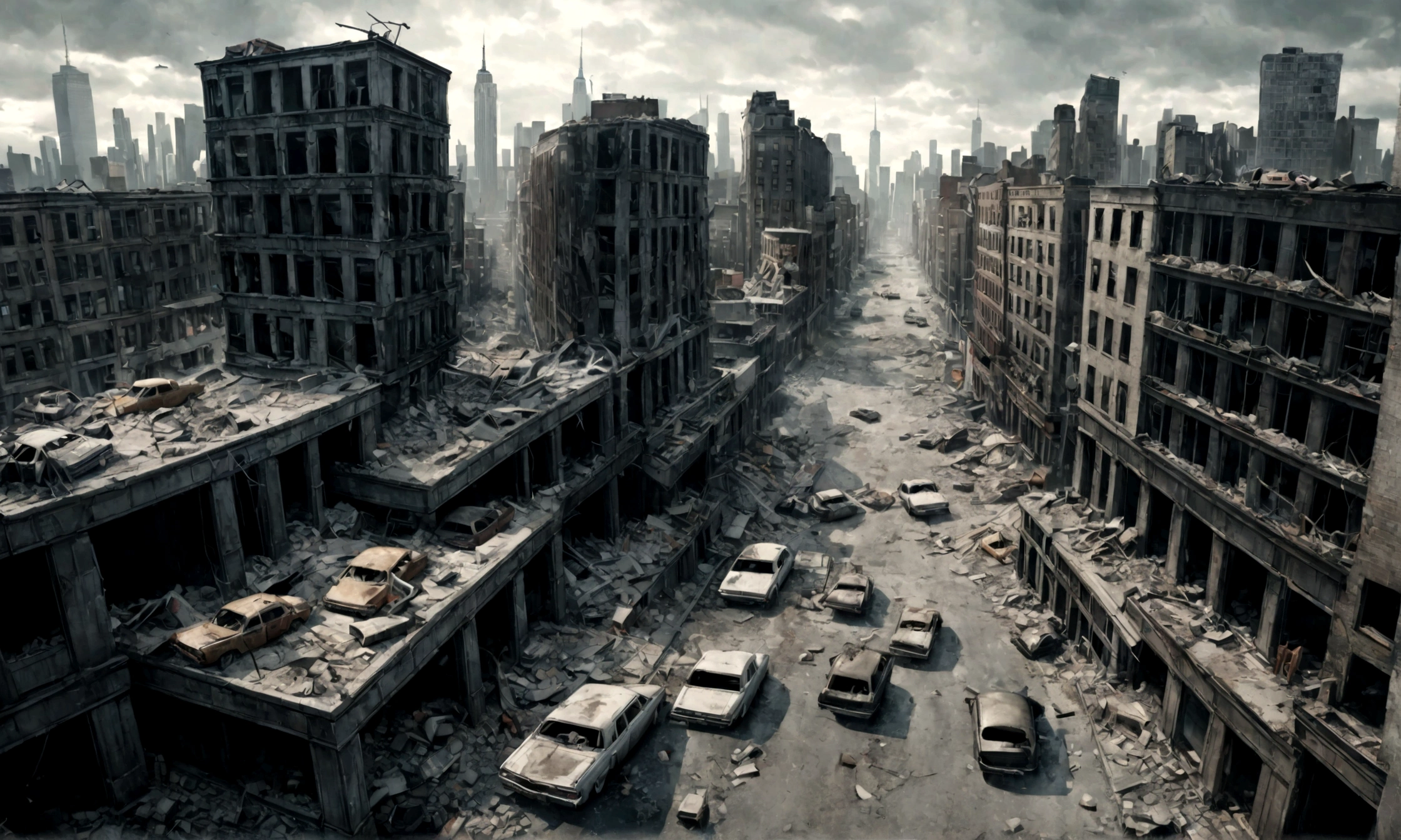 a destroyed city, post-apocalyptic landscape, 3 point perspective, aerial view, cityscape, ruined buildings, rubble, abandoned cars, cracked roads, overcast sky, muted colors, gritty atmosphere, cinematic lighting, hyper-realistic, 8k, photorealistic, ultra-detailed, intricate details, dramatic composition, New York city