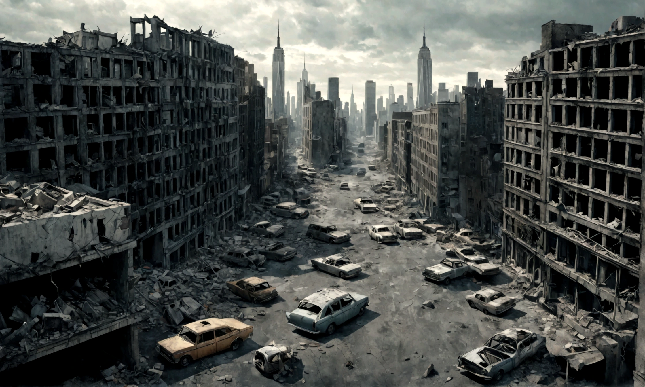 a destroyed city, post-apocalyptic landscape, 3 point perspective, aerial view, cityscape, ruined buildings, rubble, abandoned cars, cracked roads, overcast sky, muted colors, gritty atmosphere, cinematic lighting, hyper-realistic, 8k, photorealistic, ultra-detailed, intricate details, dramatic composition, New York city