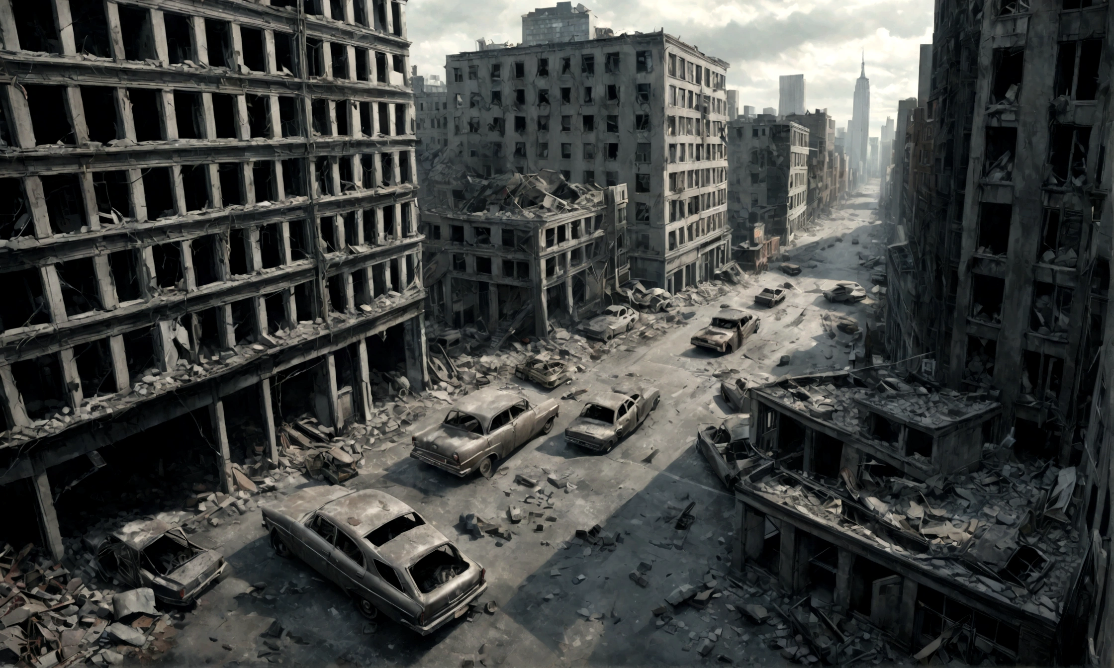 a destroyed city, post-apocalyptic landscape, 3 point perspective, aerial view, cityscape, ruined buildings, rubble, abandoned cars, cracked roads, overcast sky, muted colors, gritty atmosphere, cinematic lighting, hyper-realistic, 8k, photorealistic, ultra-detailed, intricate details, dramatic composition, New York city