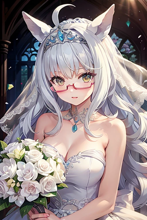 biwa hayahide \(umamusume\) wearing a white wedding dress, under rim glasses, tiara, wedding veil in front of face, wedding bouquet