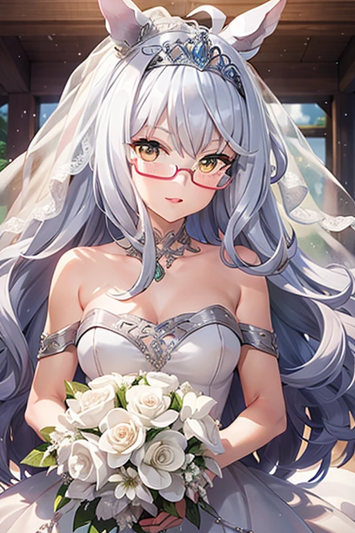 biwa hayahide \(umamusume\) wearing a white wedding dress, under rim glasses, tiara, wedding veil in front of face, wedding bouquet