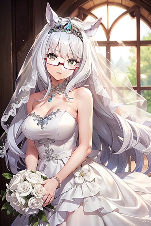 biwa hayahide \(umamusume\) wearing a white wedding dress, under rim glasses, tiara, wedding veil in front of face, wedding bouquet