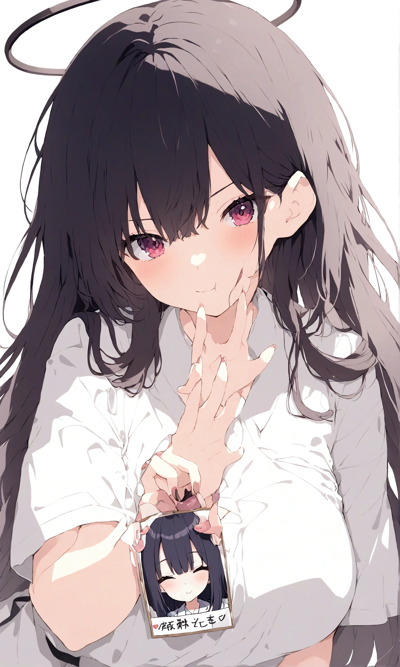 Japan anime、20-year-old women、profile image、one person、front、ID photo、breast enhancement、Plain、black、masterpiece、beautiful、cute、intellectual、Strong wick、I have long hair、black髪、black目、laugh at、beautiful、haven&#39;t done anything