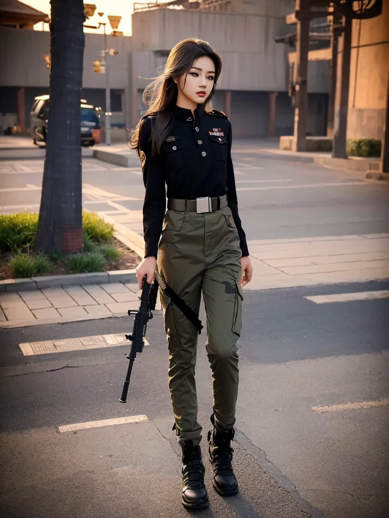 Fashion female model 18 years old ，He has a submachine gun in his hand，The firelight illuminated her face，，Divine eye，Sexy lips，high nose，Human Development Report，girl，(((沙漠迷彩Uniform)))，Uniform，Military belt，Tactical camouflage pants，Delicate face，Sexy highlighted，，Breast augmentation，Buttocks fat，The background is the Middle East battlefield，Smoke，Fire rushed into the sky，combustion，City ruins，4K Ultra HD, Ultra-high resolution, (lifelike: 1.4), best quality，masterpiece，Professional photography。