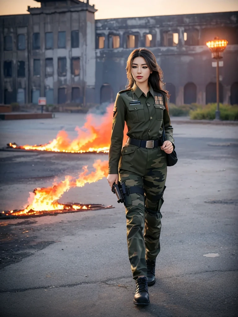 Fashion female model 18 years old ，He has a submachine gun in his hand，The firelight illuminated her face，，Divine eye，Sexy lips，high nose，Human Development Report，girl，(((沙漠迷彩Uniform)))，Uniform，Military belt，Tactical camouflage pants，Delicate face，Sexy highlighted，，Breast augmentation，Buttocks fat，The background is the Middle East battlefield，Smoke，Fire rushed into the sky，combustion，City ruins，4K Ultra HD, Ultra-high resolution, (lifelike: 1.4), best quality，masterpiece，Professional photography。