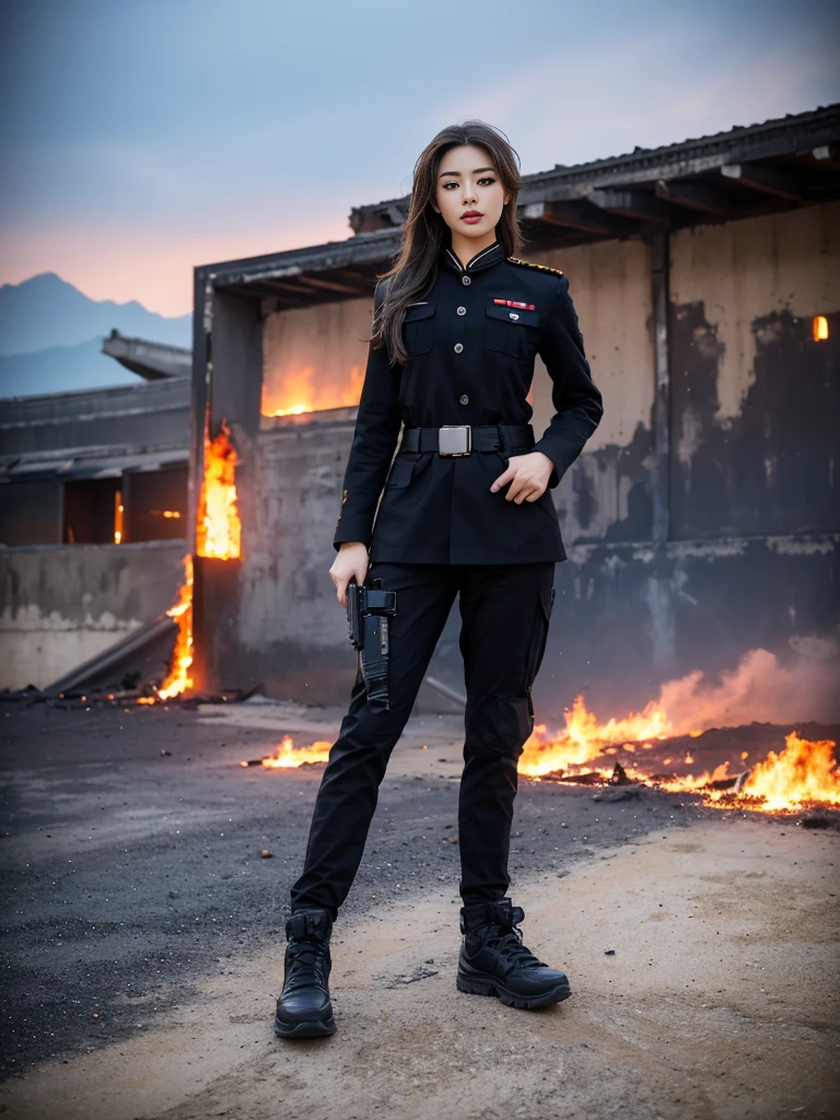 Fashion female model 18 years old ，He has a submachine gun in his hand，The firelight illuminated her face，，Divine eye，Sexy lips，high nose，Human Development Report，girl，(((沙漠迷彩Uniform)))，Uniform，Military belt，Tactical camouflage pants，Delicate face，Sexy highlighted，，Breast augmentation，Buttocks fat，The background is the Middle East battlefield，Smoke，Fire rushed into the sky，combustion，City ruins，4K Ultra HD, Ultra-high resolution, (lifelike: 1.4), best quality，masterpiece，Professional photography。