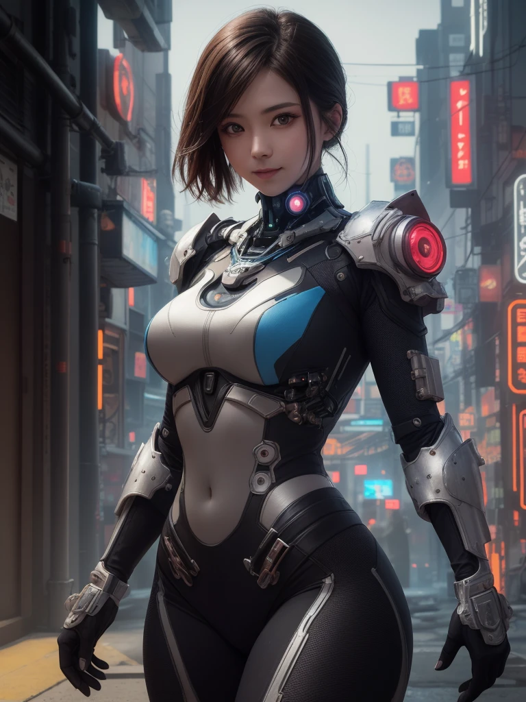 Reika Shimohira (Reika Shimohira) Beautiful photos of girls who play cats, Smile, slim body, in  (Bodybuilders:0.7),Slim hips, Large Breasts, Wearing a mecha ((Heavy cyberpunk armor)) 带Neon装饰, ((High-tech kit)), Science fiction, Set in a cyberpunk city, fat, Cyberpunk 2200 Style, Ultra Realistic Photo, masterpiece, best quality, CG, wallpaper, HDR, high quality, HD, Very detailed, {beautiful Delicate face}, {Beautiful and delicate eyes}, (Detailed lighting){{Intricate details}}, {High resolution}, ((Delicate face)), Neon, Chiaroscuro, key point, Intricate details, Very detailed, thrilling, energetic, Movie