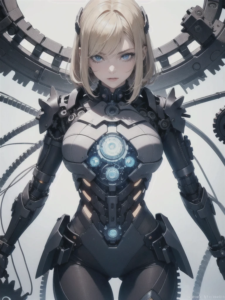 One-side layered bob, (Blonde Hair: 1.3), ((transparent blue eyes (purple)), ((beautiful, delicate eyes, jewel eyes, Bright blue eyes: 1.3)) , The female body is integrated into mechanical parts such as gears,Chest with Super South S, wires and circuits blend into the natural shape of the woman’s body,Create a visually captivating futuristic aesthetic. Mechanical elements emphasize precision and functionality, With interlocking gears and gears that work in harmony with the female physique. Women's faces can be electronically enhanced, Like glowing eyes, Neural implants, and metallic facial features that symbolize the fusion of man and machine. This artwork embodies female strength and human grace. Lighting and shadows play an important role, Increase the contrast between organic and mechanical elements,And add depth to the composition. It emphasizes the mechanical nature of the artwork. Background details can include futuristic cityscapes, Industrial Landscape, or abstract pattern,To further enhance the sense of the future. comprehensive, This piece captures the essence of women embracing machine fusion, Celebrating the possibilities and complexities of a future where humans and technology coexist, Wear Superman's S logo on the chest.