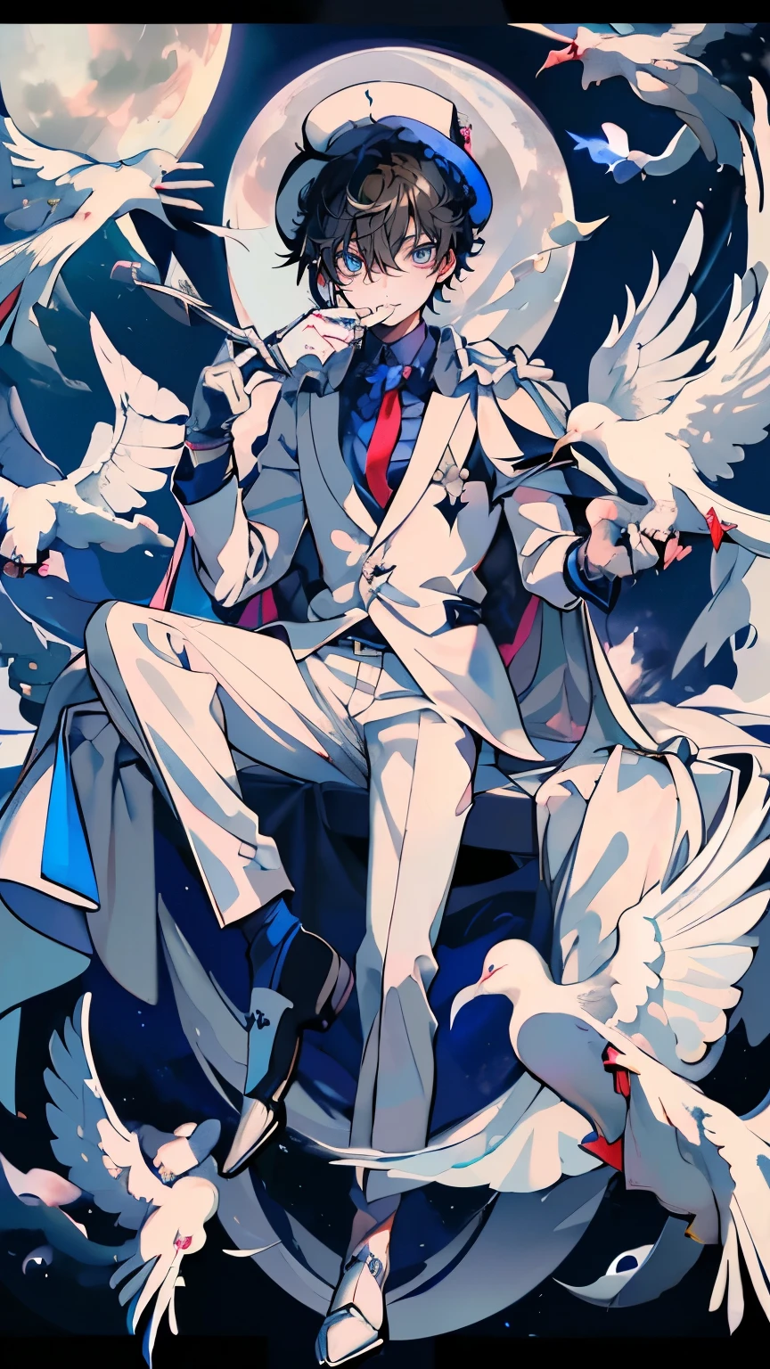 (Mastepiece), (Best Quality), Very detailed, ((17 year old boy:1.5)), (Full body photography:1.3)、Perfect Face, Beautiful Face, Very detailedな顔,(Black short hair:1.3),(Blue Eyes:1.3)、((White Suit 1.4))、(Blue Shirt)、(Pink tie)、((White Top Hat 1.5))、((White Cape:1.4))、(White Gloves 1.4)、(Monocle 1.3)、(Playing cards 1.2)、(White Moon:1.4)、(Night Sky:1.5)、(White Dove:1.3)、(gem:1.4)、magician、(Toothy smile:1.3)、handcuffs