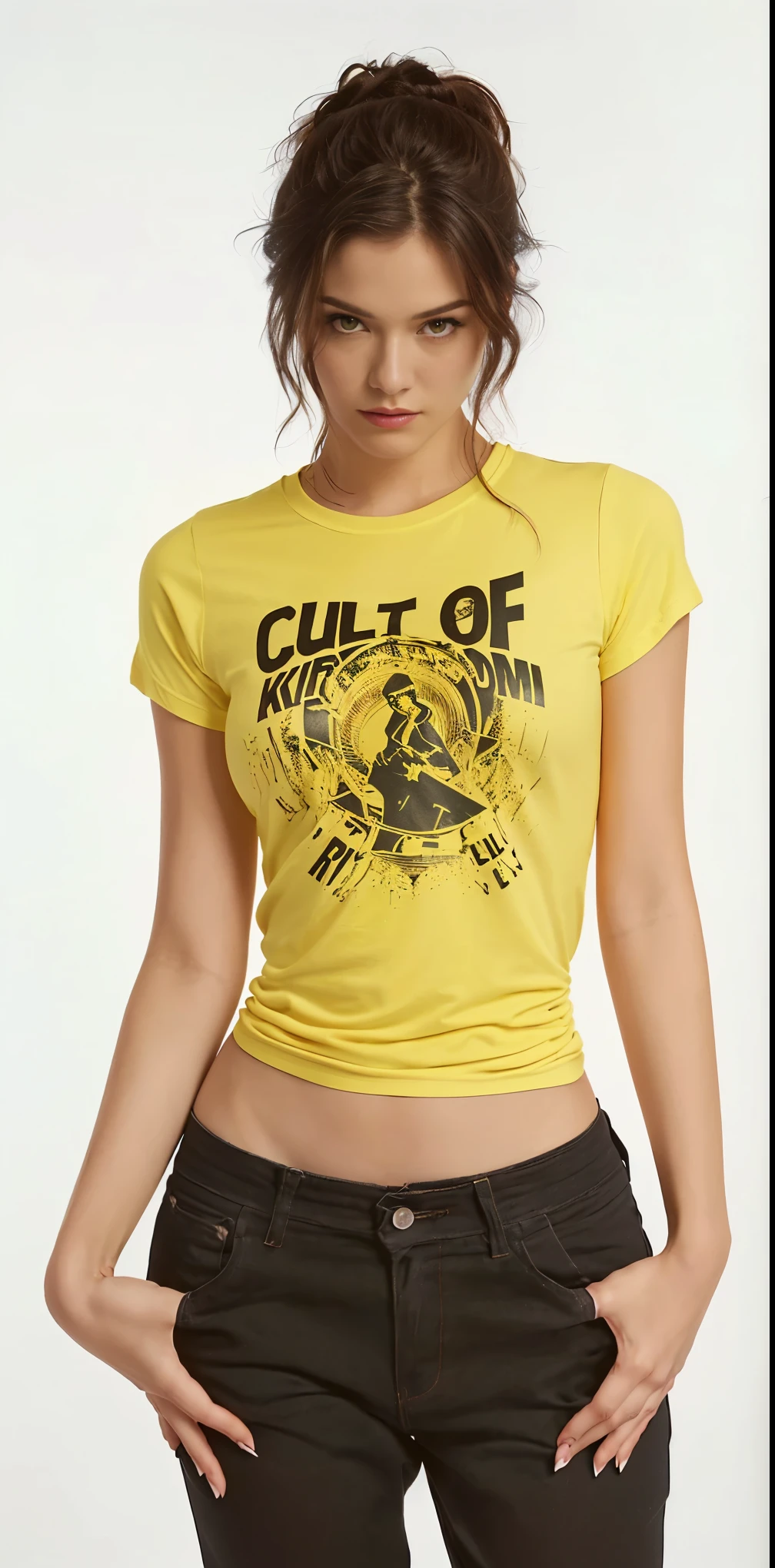 um close up de uma mulher de camisa amarela posando para uma foto, cult, corte out, camiseta molhada, corteout, ocult, camiseta molhada, camiseta molhada, 3 4 5 3 1, Culpa, cult of technology, Cult leader, corte, terror cult, no filme Kill Bill, culto do cordeiro, arte em camisetas em serigrafia