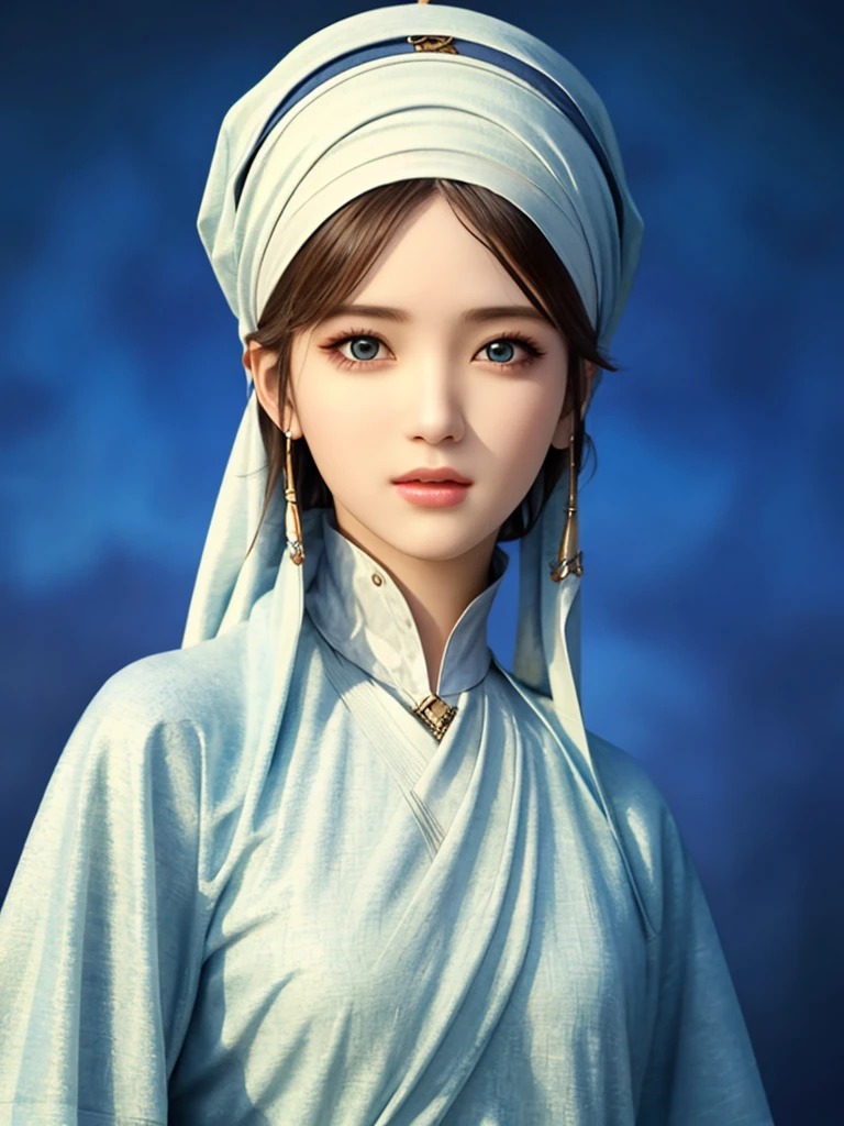 1 female, Solitary, Pretty Face, high detailed realistic eyes, Double eyelids, Highly detailed realistic students, Covers the whole body from head to waist, (Wearing a headscarf:1.2), (Muslim headscarf:1.2)