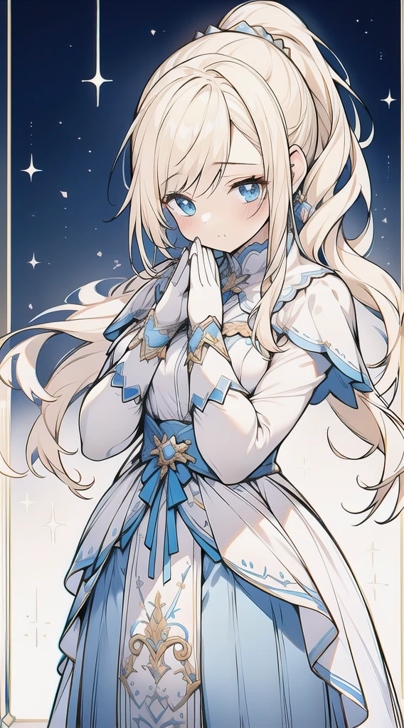 a beautiful young woman, 1girl, blue dress with white decorations, blonde hair, blue eyes, ponytail, long sleeves, looking at viewer, neat hair, rosy cheeks, folded hands, (best quality,4k,8k,highres,masterpiece:1.2),ultra-detailed,(realistic,photorealistic,photo-realistic:1.37),vibrant colors, soft lighting, intricate details, elegant, feminine, graceful, warm atmosphere