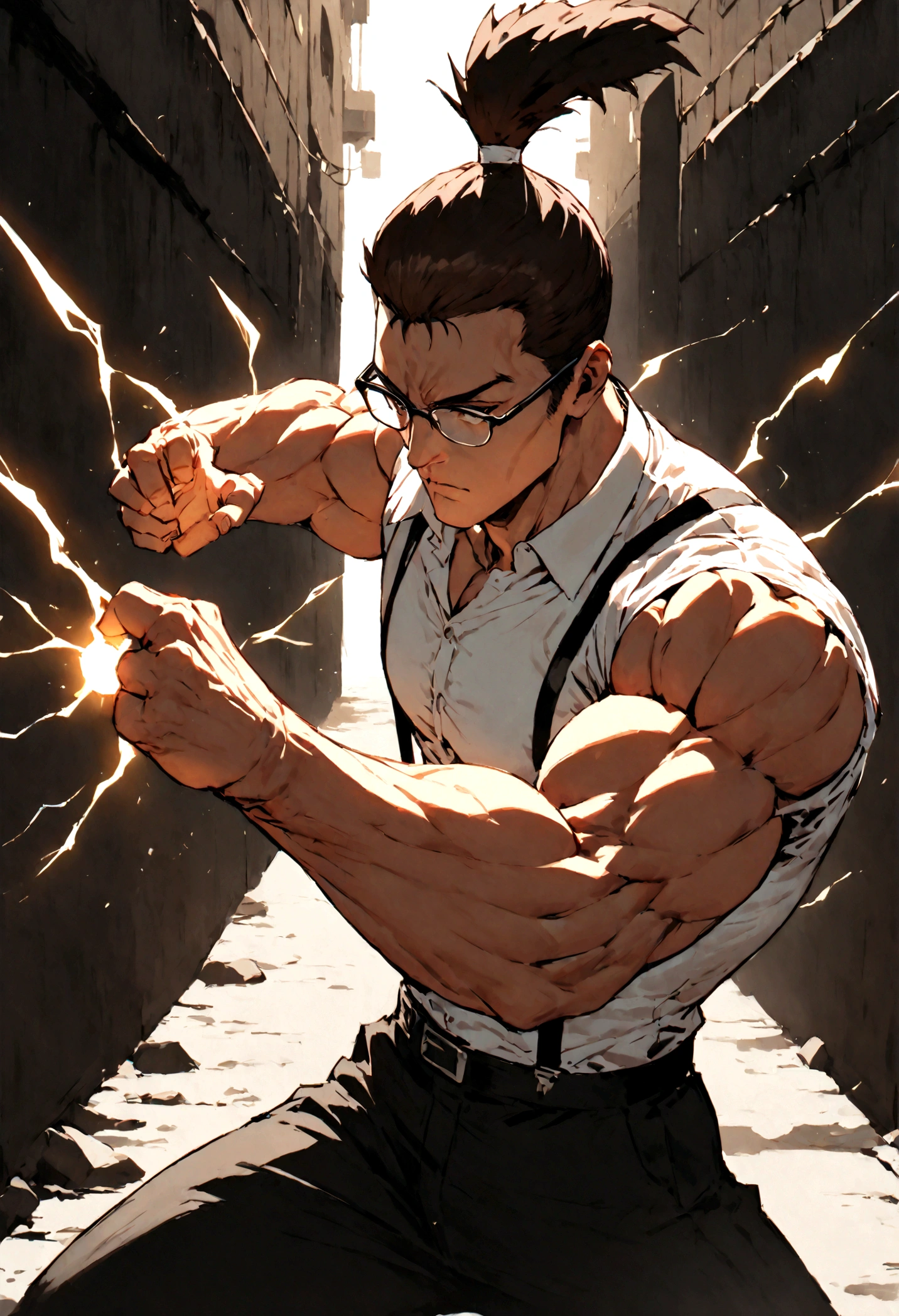  a man wearing black business pants, a white dress shirt and black suspenders, has a very dark brown topknot, muscular, in a dark alley, wearing glasses, solo, alone, in fighting pose, has super strength, using glowing electrical powers