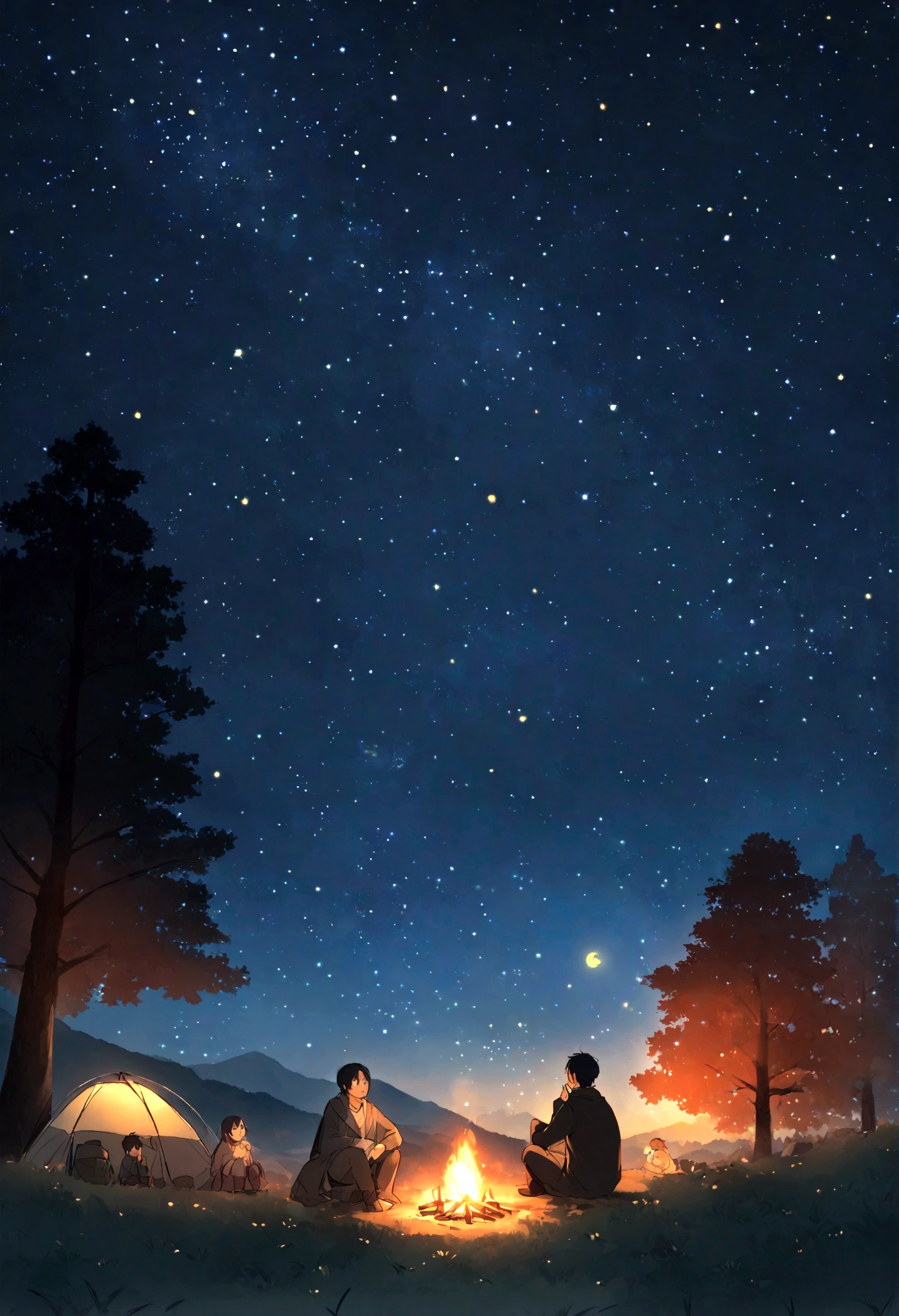 Under a starry sky, a boy and his father are camping in the mountains. They are sitting side by side next to a campfire, gazing up at the stars. Nearby, a large tree stands tall, and the night sky is filled with countless stars with a crescent moon visible. The warm glow of the campfire creates a cozy and serene atmosphere.