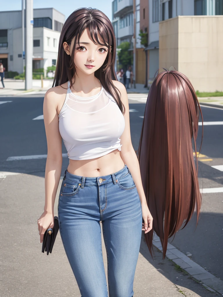 Kaori Brown Long, brown hair, Pretty Face, Smile ,blush,Blue sky, on the street, Casual wear, jeans ,Bare shoulders,Bare belly,Huge breasts, cleveage,Extremely detailed wallpaper, Perfect lighting, Sunlight,(8K, RAW photos, best quality, masterpiece: 1.2), (Practical, Practical: 1.37), Ultra-high resolution